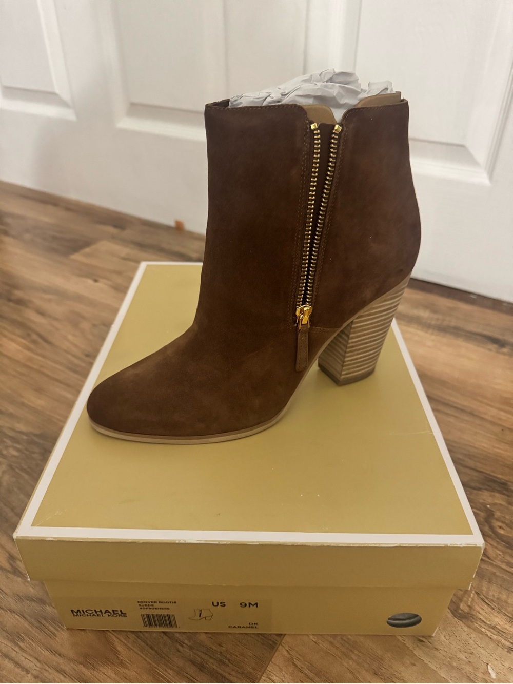 Michael Kors Chestnut Suede Stacked Heel Ankle Boot with Gold Zip